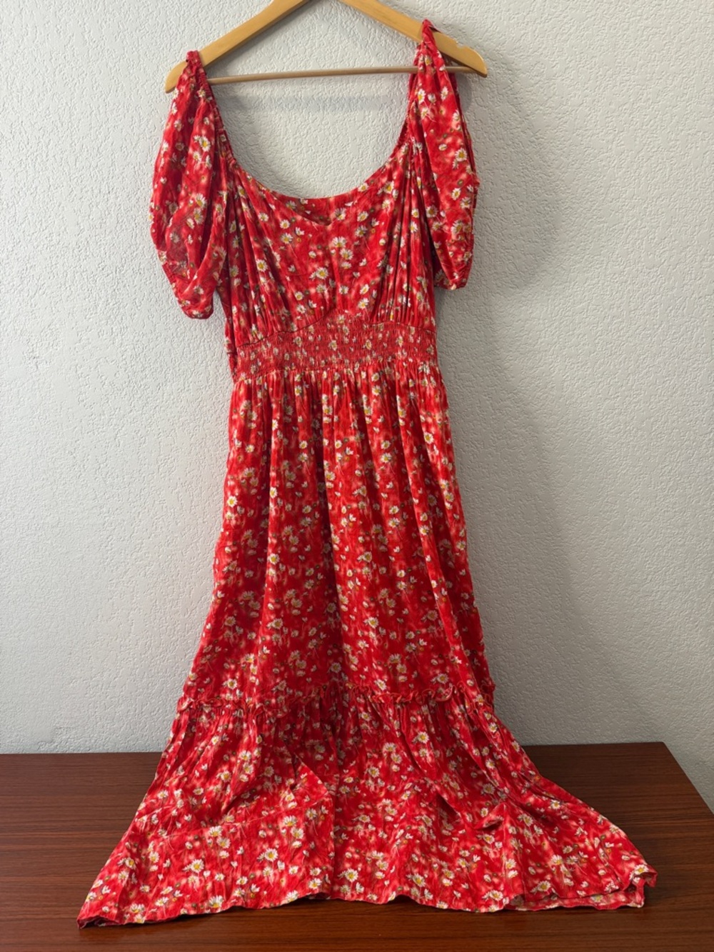 Red Floral Puff-Sleeve Maxi Dress